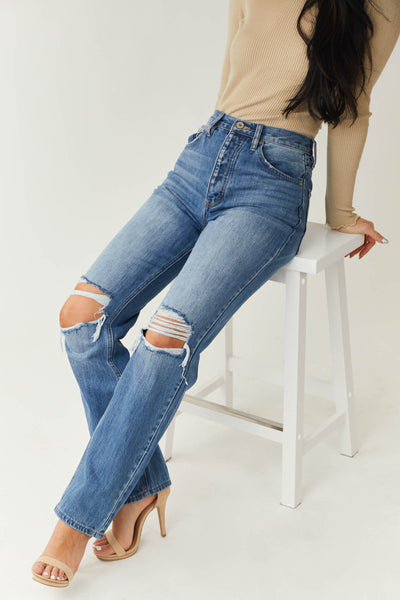 Medium Wash Distressed Knee Straight Leg Jeans