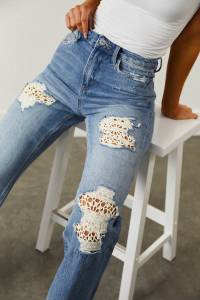 Medium Wash Distressed Lace Detail Straight Jeans