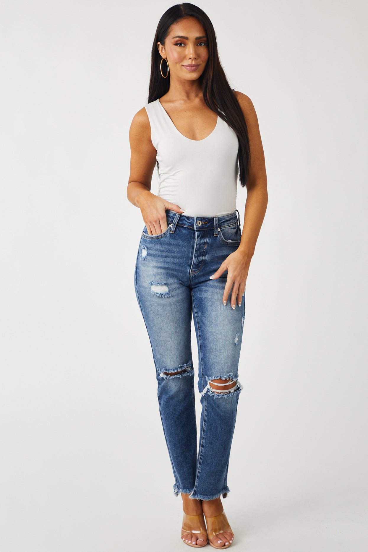 Medium Wash Distressed Relaxed Skinny Fit Jeans