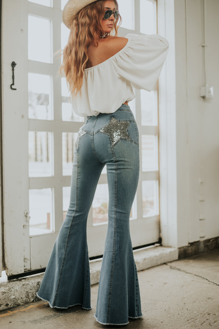 Medium Wash Flare Jeans with Sequin Star Detail & Lime Lush