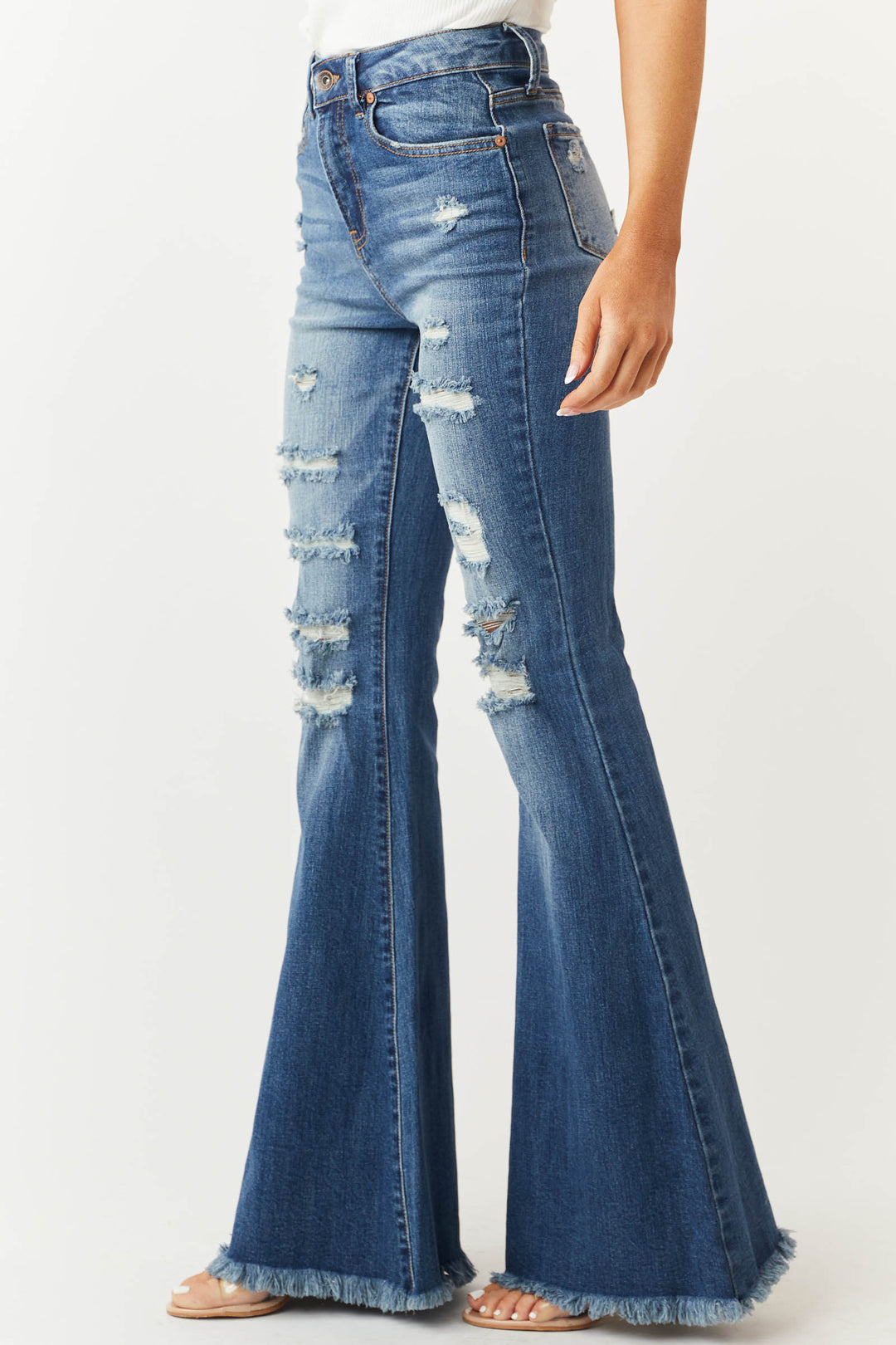 Special A Medium Wash Frayed Hem High Rise Flare Jeans & Lime Lush