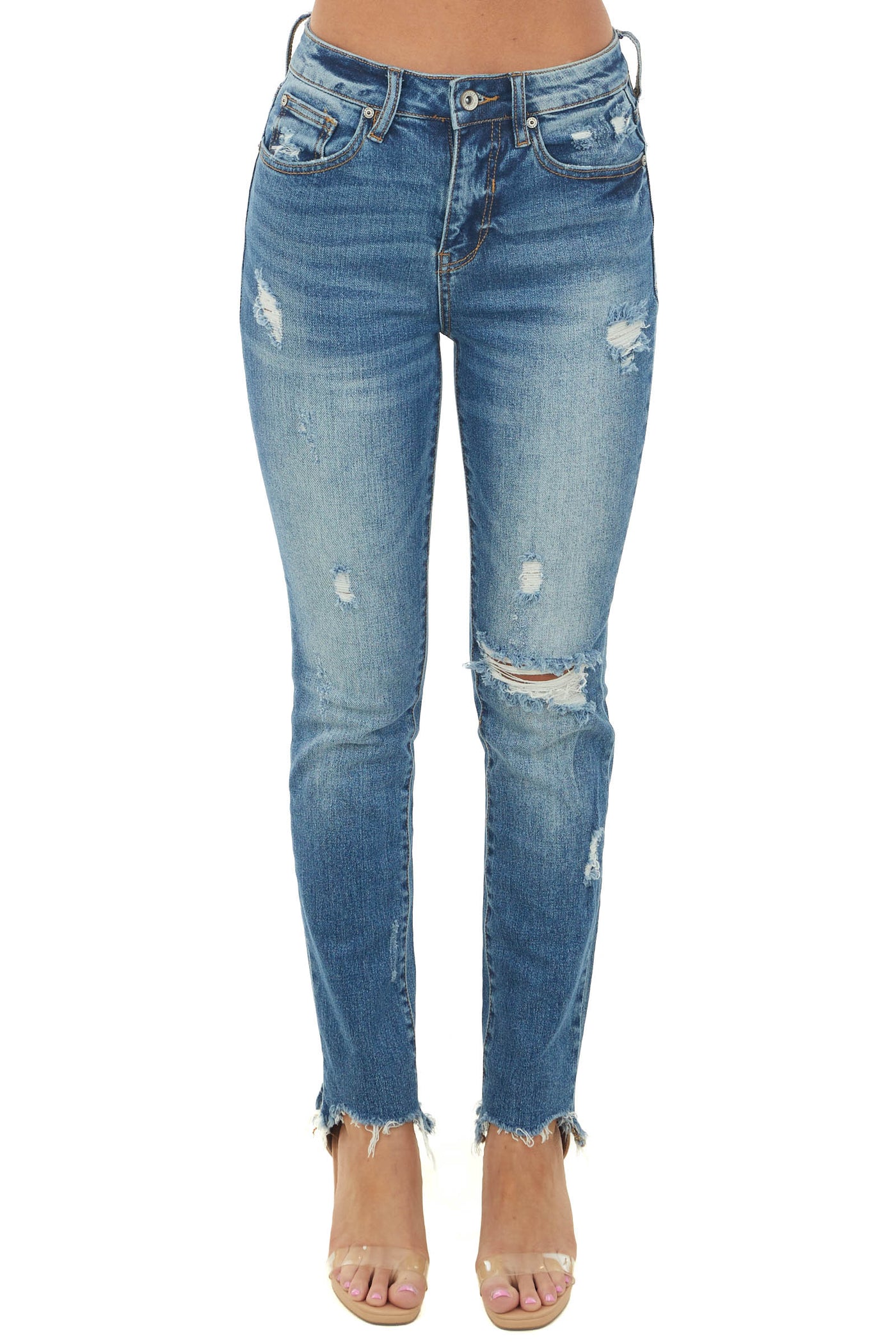 Medium Wash Frayed High Rise Relaxed Jeans