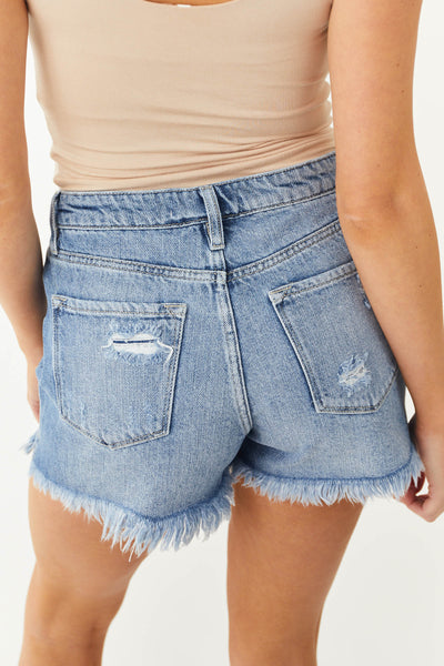 Medium Wash High Rise Destructed Shorts with Frayed Hem