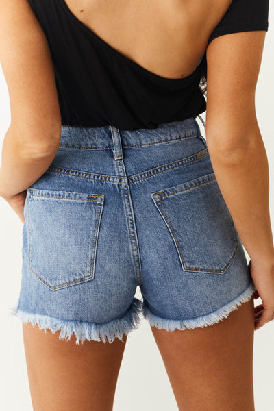 Medium Wash High Rise Distressed Hem Shorts
