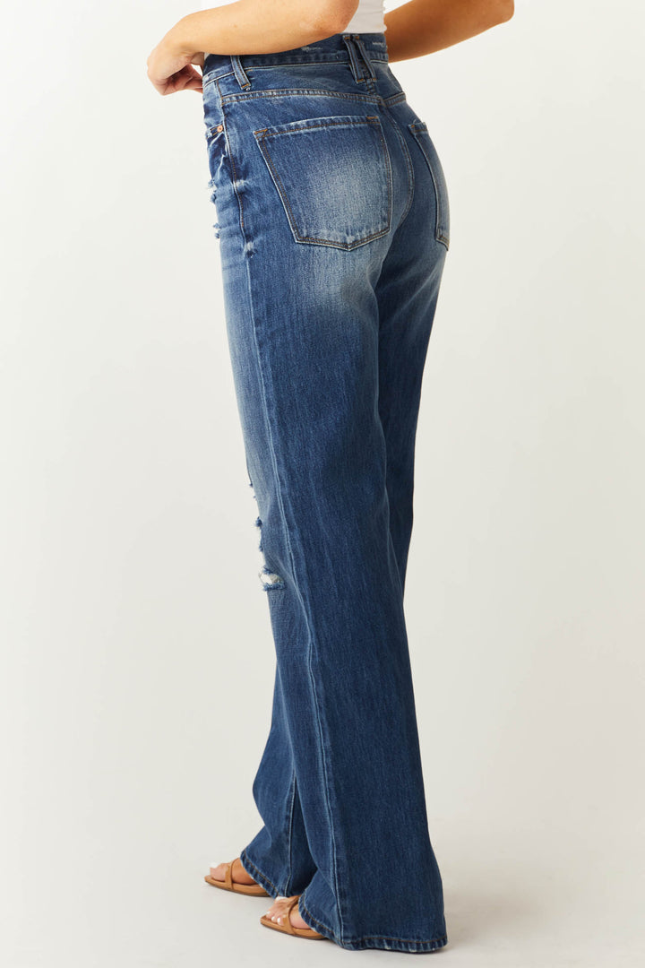 Medium Wash High Rise Distressed Knee Jeans