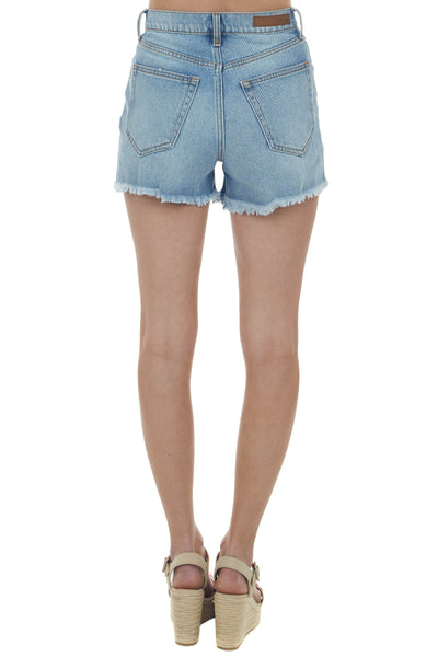Medium Wash High Rise Distressed Mom Denim Shorts