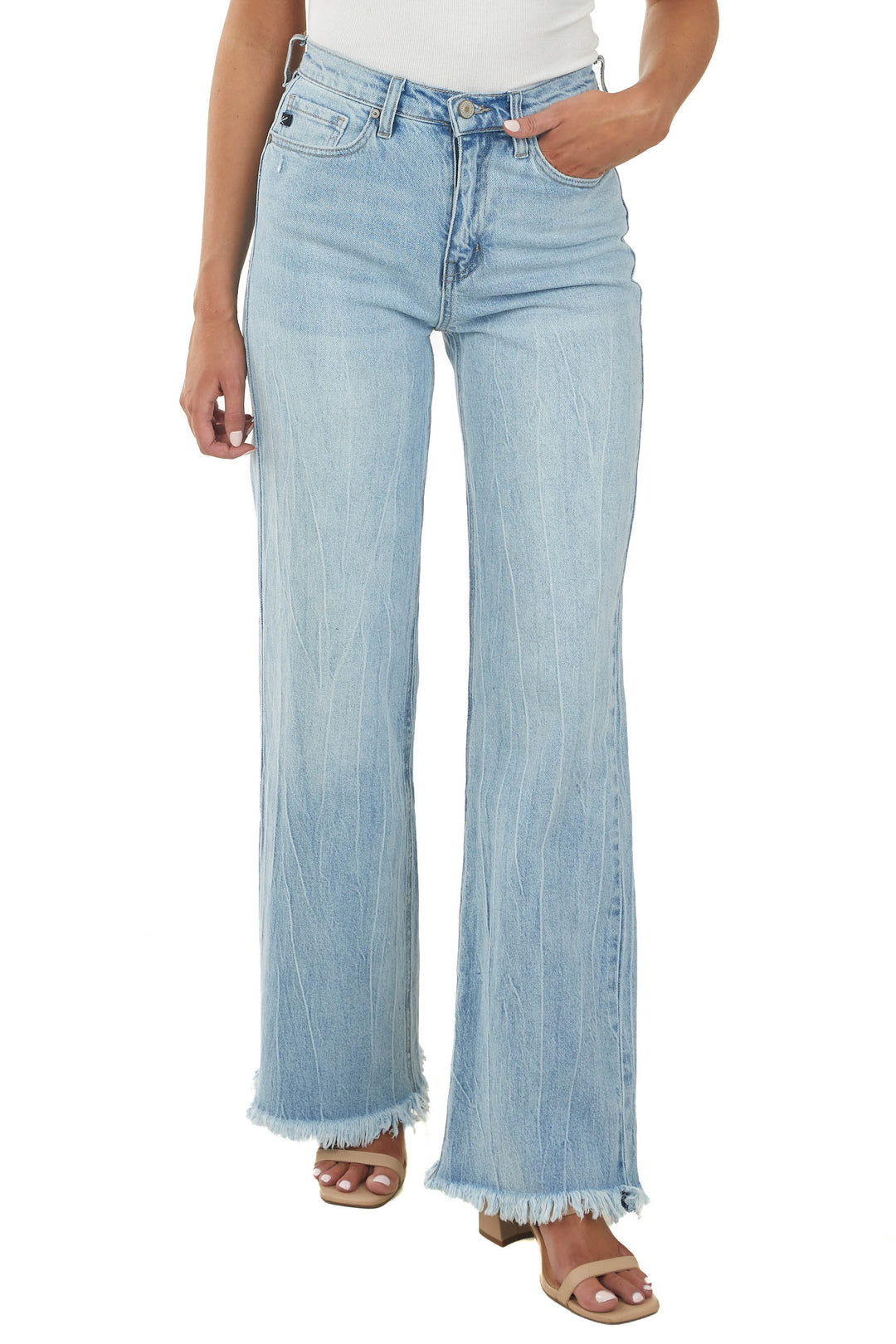 KanCan Medium Wash High Rise Flare Jeans with Fringe Hem & Lime Lush