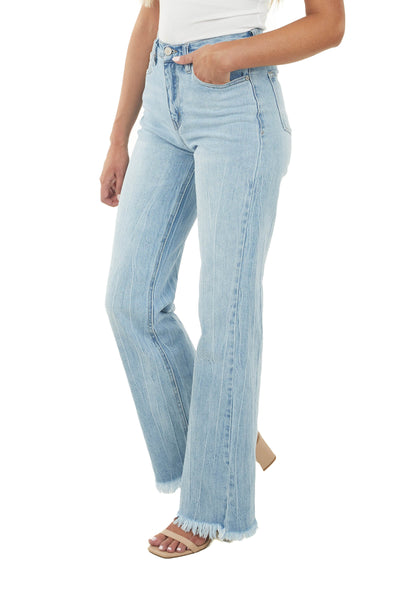 Medium Wash High Rise Flare Jeans with Fringe Hem