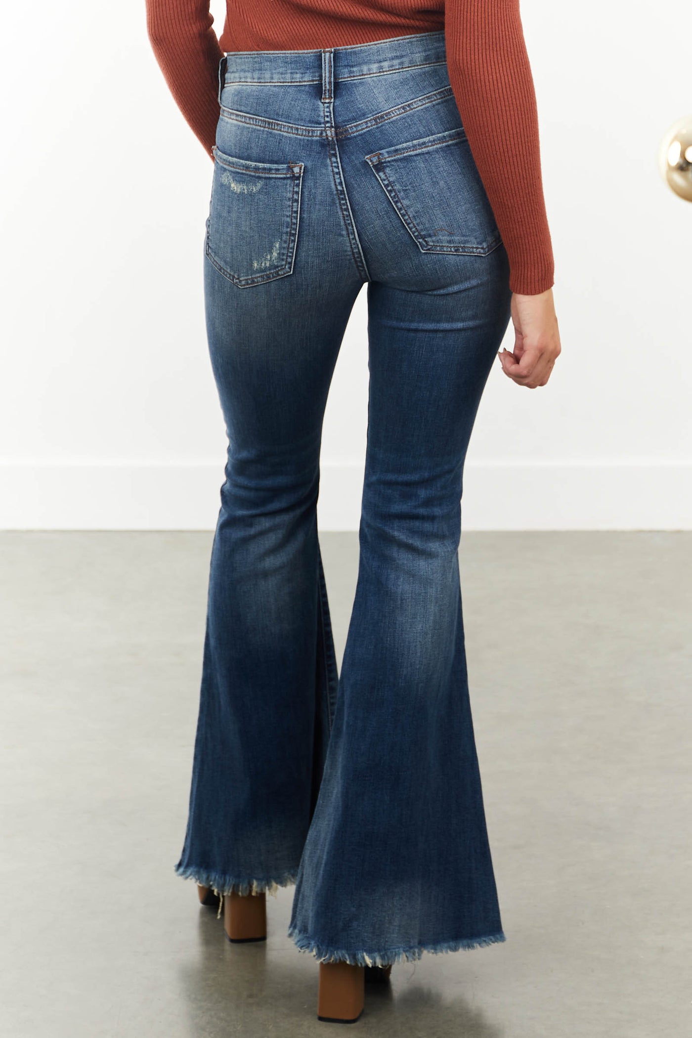 Medium Wash High Rise Frayed Hem Bootcut Jeans