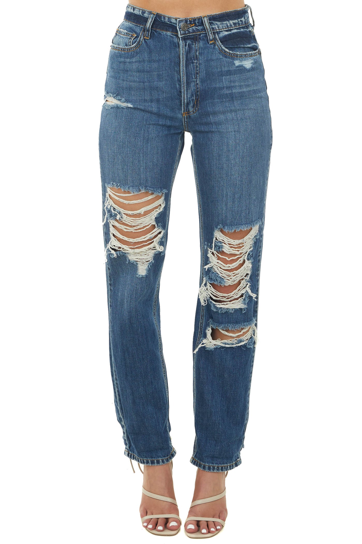 Cello Medium Wash High Rise Heavily Distressed Jeans