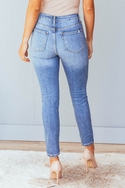 Medium Wash High Rise Skinny Jeans with Crossover Fly