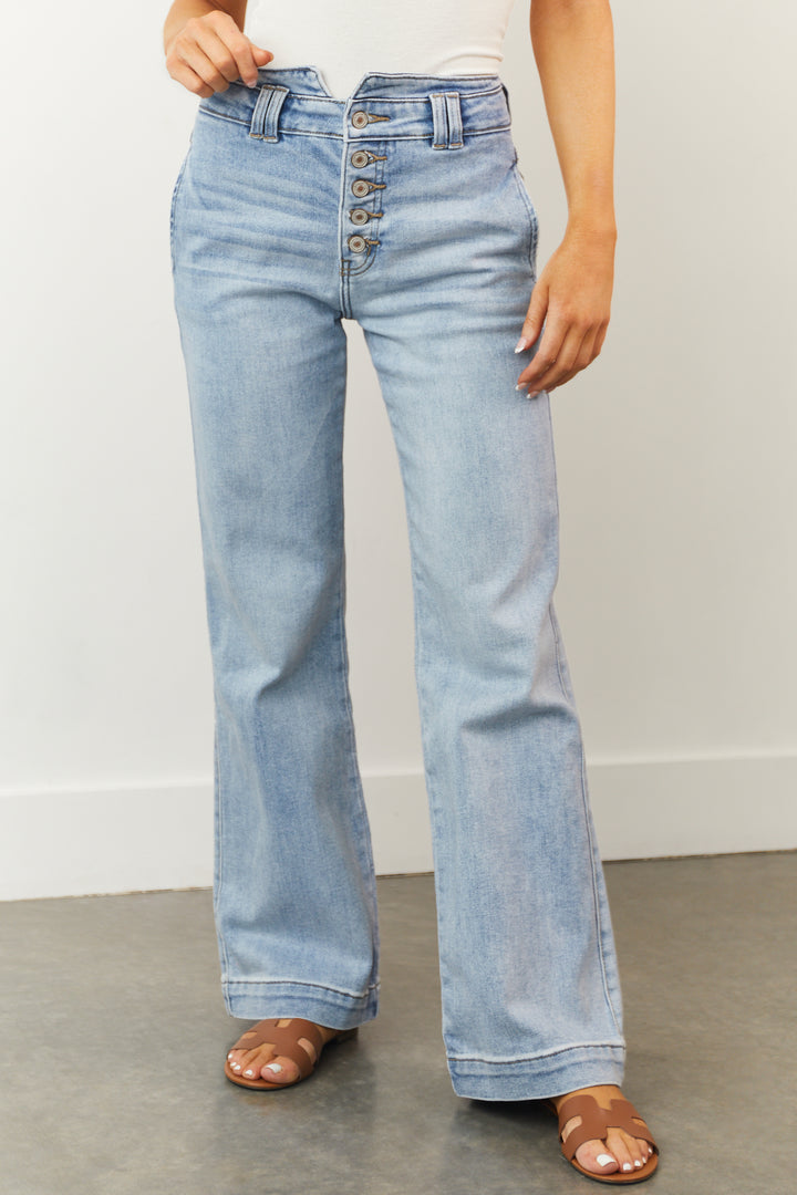 Medium Wash High Rise Slim Flare Button Fly Jeans