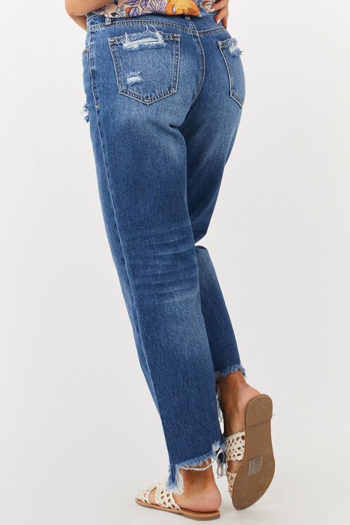 Medium Wash Mid Rise Button Fly Distressed Jeans