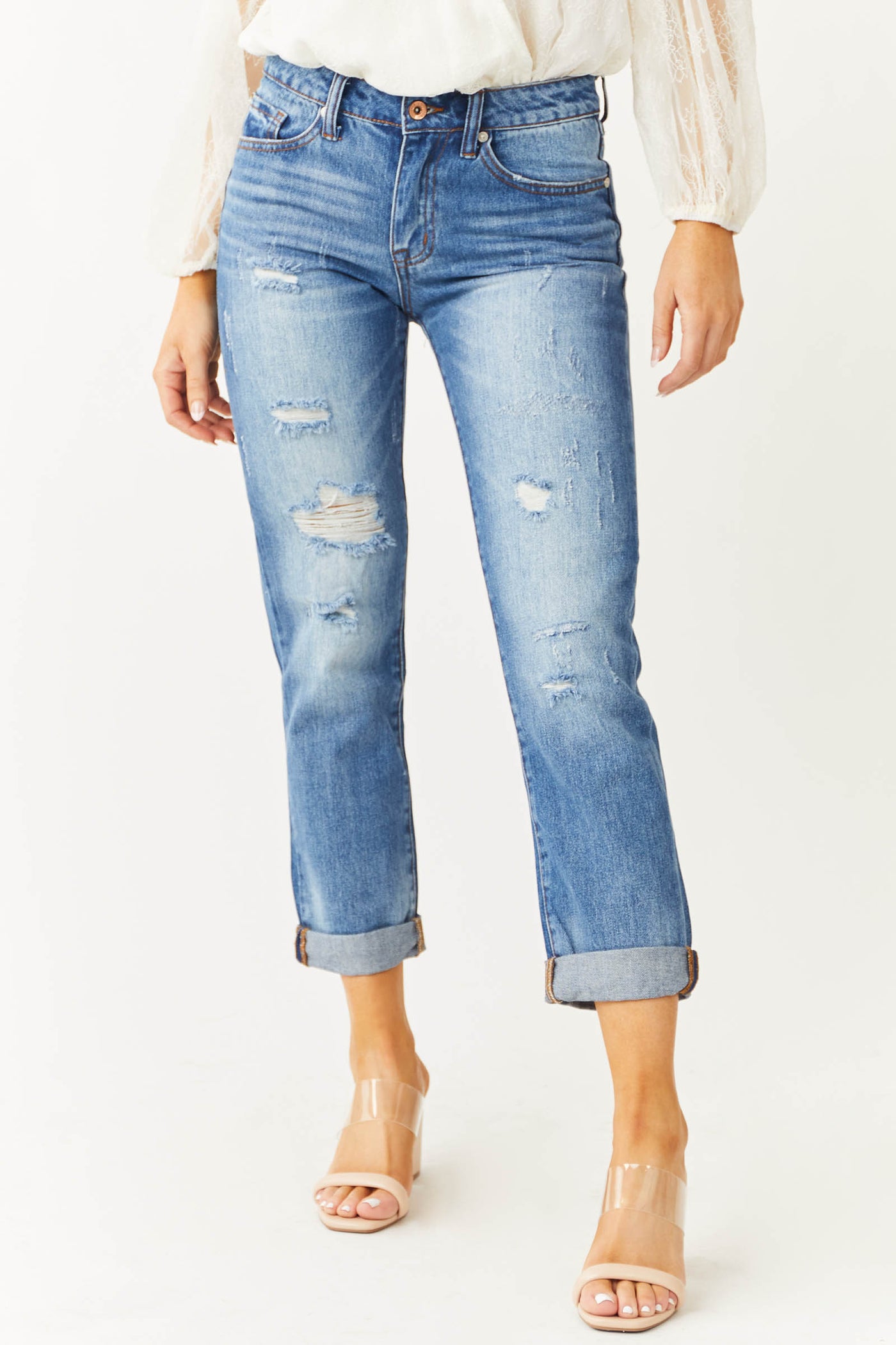 Medium Wash Mid Rise Distressed Jeans with Rolled Cuffs