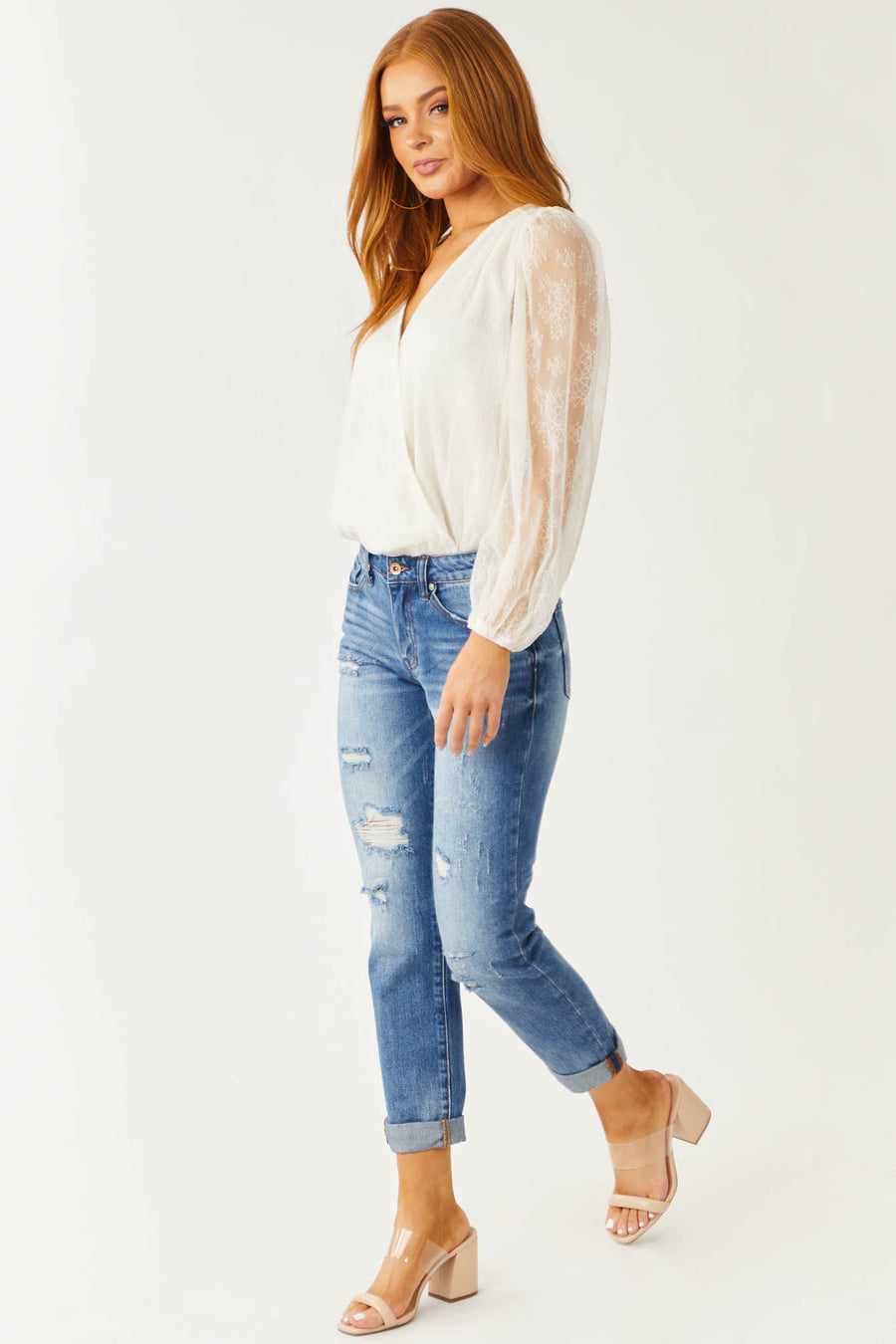 Medium Wash Mid Rise Distressed Jeans with Rolled Cuffs
