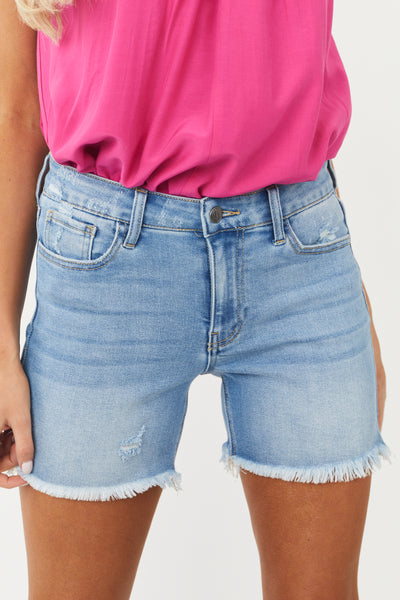Medium Wash Mid Rise Frayed Hem Bermuda Shorts