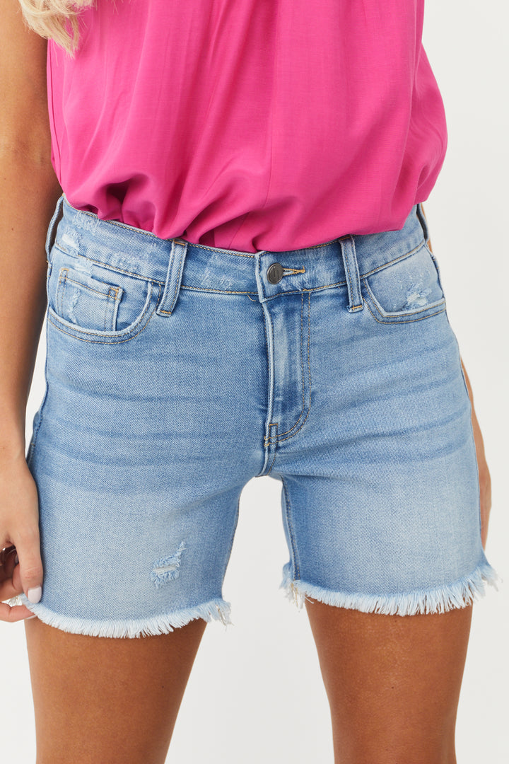 Medium Wash Mid Rise Frayed Hem Bermuda Shorts