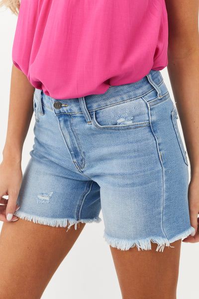 Medium Wash Mid Rise Frayed Hem Bermuda Shorts