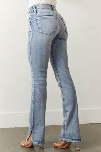 Medium Wash Mid Rise Straight Leg Side Slit Jeans