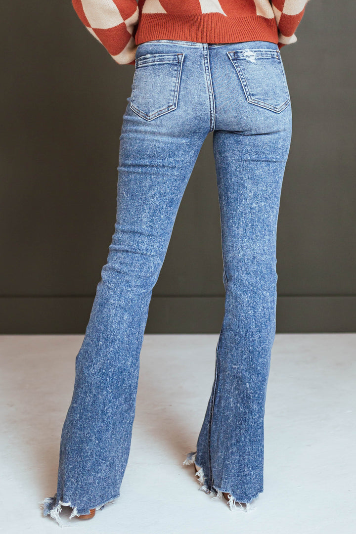 Medium Washed High Rise Frayed Hem Flare Jeans