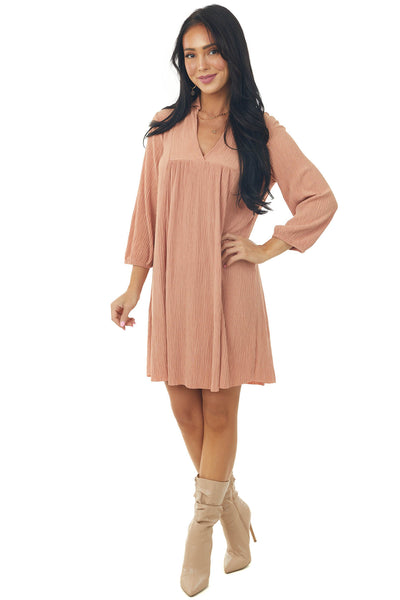 Melon Collared V Neck Pleated Short Woven Dress