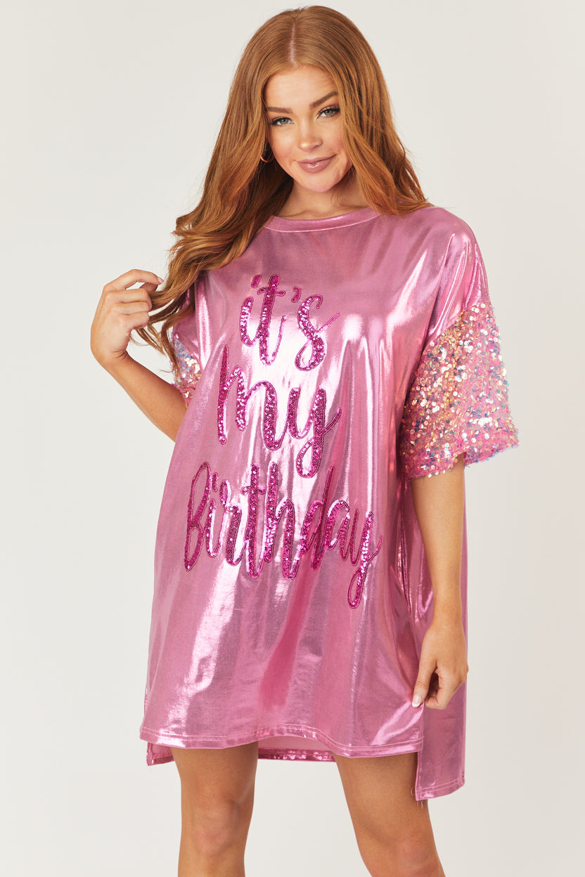 Metallic Pink 'It's My Birthday' Tee Shirt Dress & Lime Lush