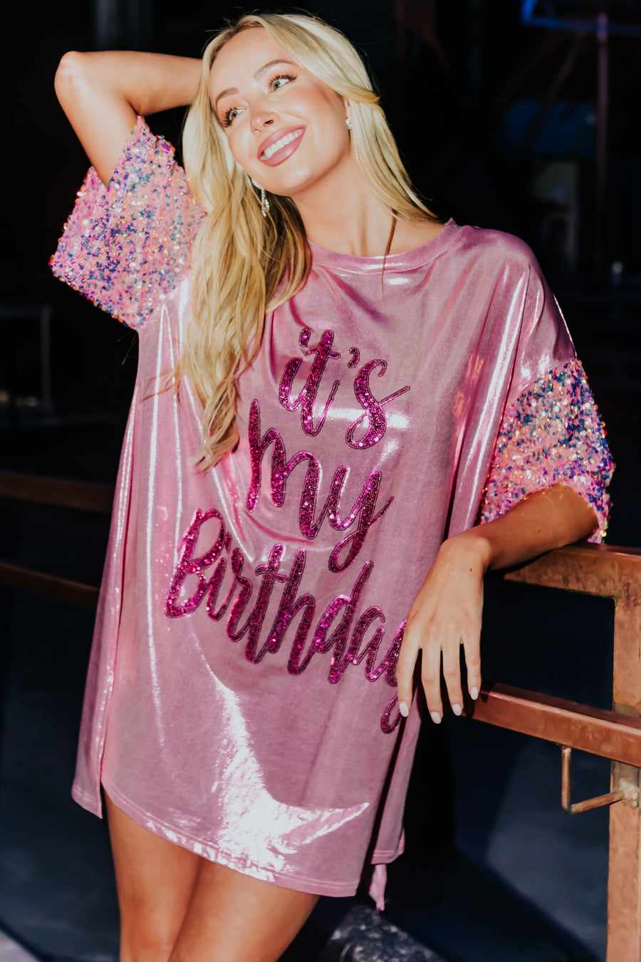 Metallic Pink 'It's My Birthday' Tee Shirt Dress