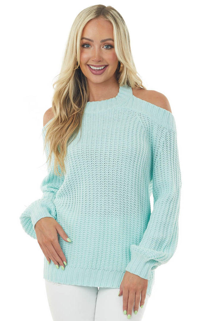 Mint Cold Shoulder Sweater with Back Hole Detail