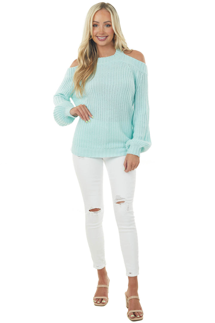 Mint Cold Shoulder Sweater with Back Hole Detail