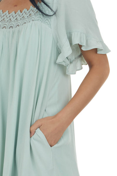 Mint Square Neck Mini Dress with Lace Details