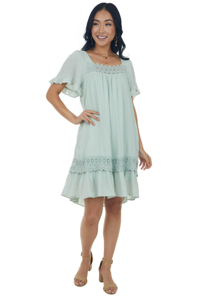 Mint Square Neck Mini Dress with Lace Details