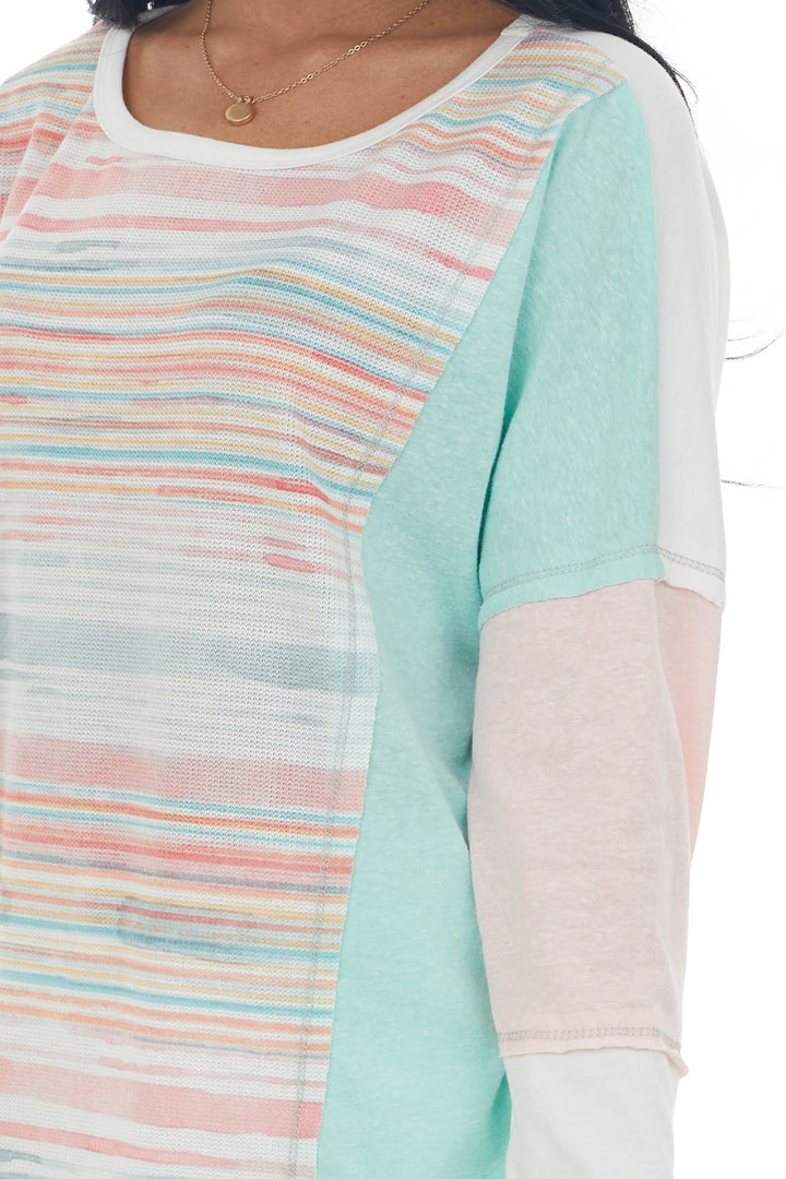 Mint Striped Colorblock Top with Long Sleeve