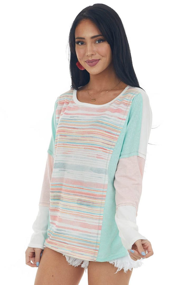 Mint Striped Colorblock Top with Long Sleeve