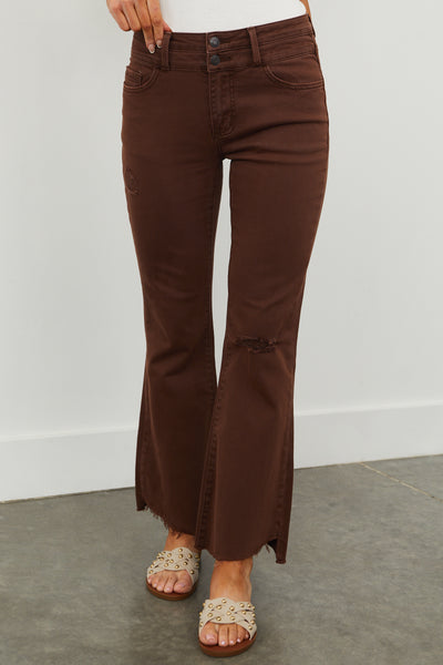 Mocha High Rise Lightly Distressed Flare Jeans