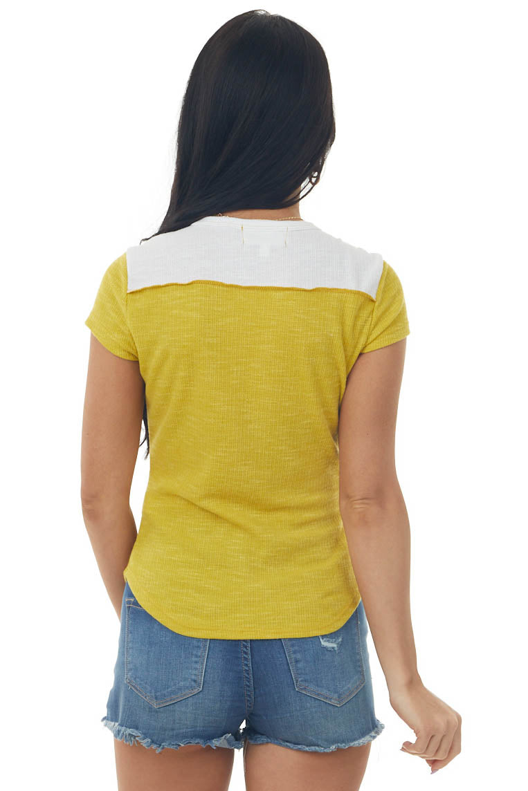 Mustard Colorblock Thermal Knit Short Sleeve Top