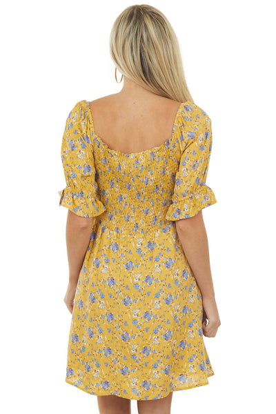 Mustard Floral Smocked 3-4 Ruffle Sleeve Dress