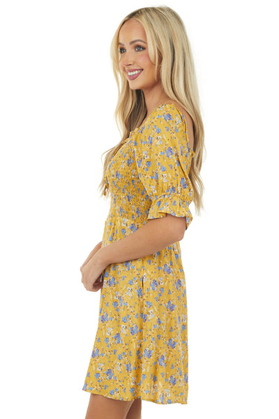 Mustard Floral Smocked 3-4 Ruffle Sleeve Dress