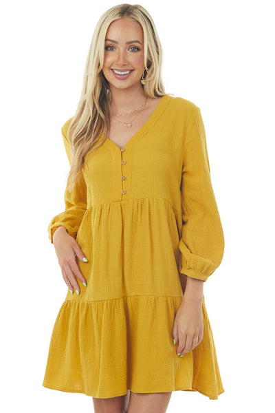 Mustard Long Sleeve V Neck Tiered Woven Short Dress