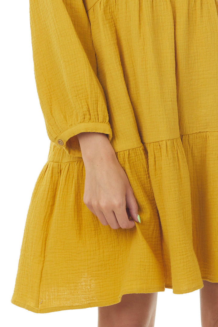 Mustard Long Sleeve V Neck Tiered Woven Short Dress