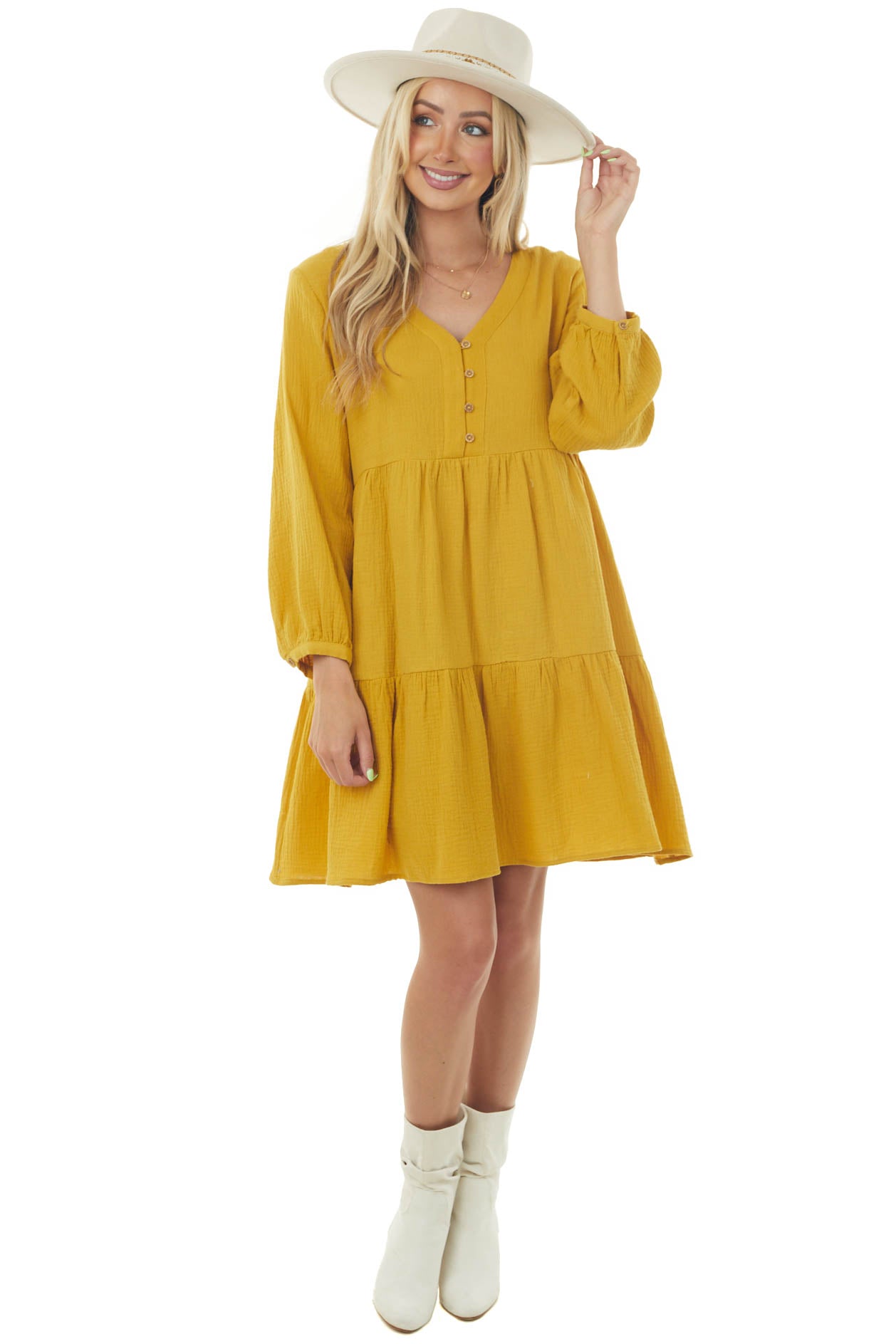 Mustard Long Sleeve V Neck Tiered Woven Short Dress