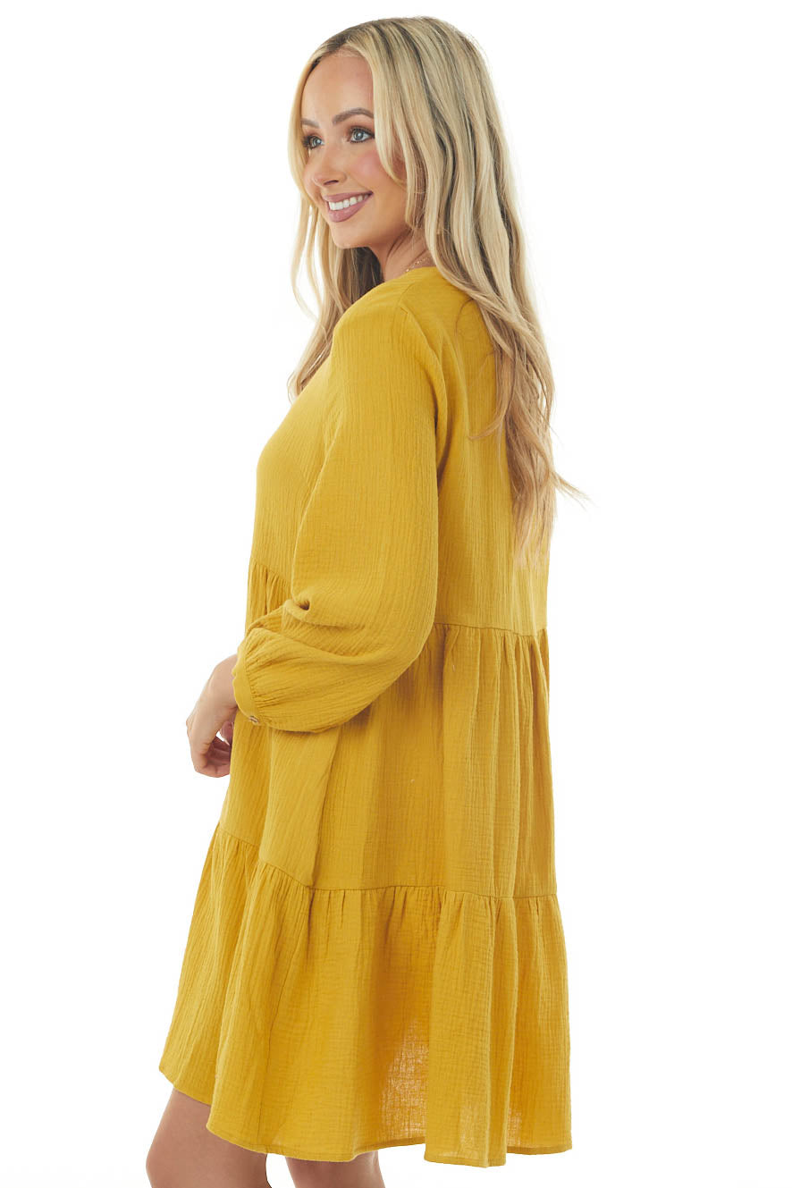 Mustard Long Sleeve V Neck Tiered Woven Short Dress