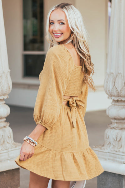 Mustard Open Back Puff Sleeve Gauze Woven Dress