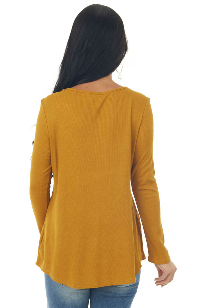 Mustard Ribbed Long Sleeve Knit Top with Caged Neckline