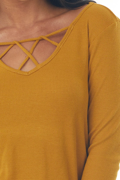 Mustard Ribbed Long Sleeve Knit Top with Caged Neckline