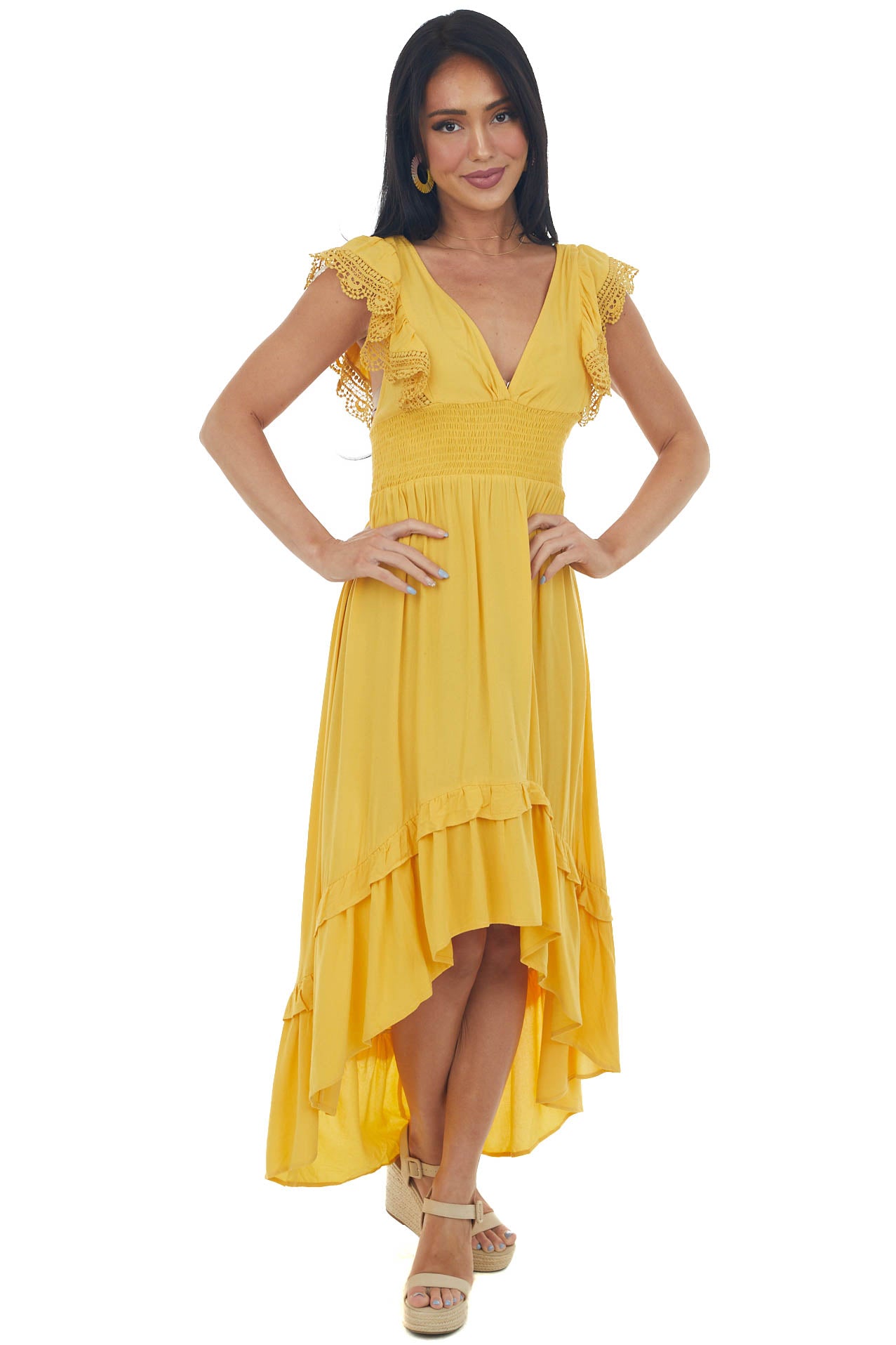 Mustard V Neck Lace Cap Sleeve High Low Dress