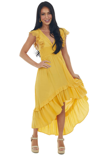 Mustard V Neck Lace Cap Sleeve High Low Dress