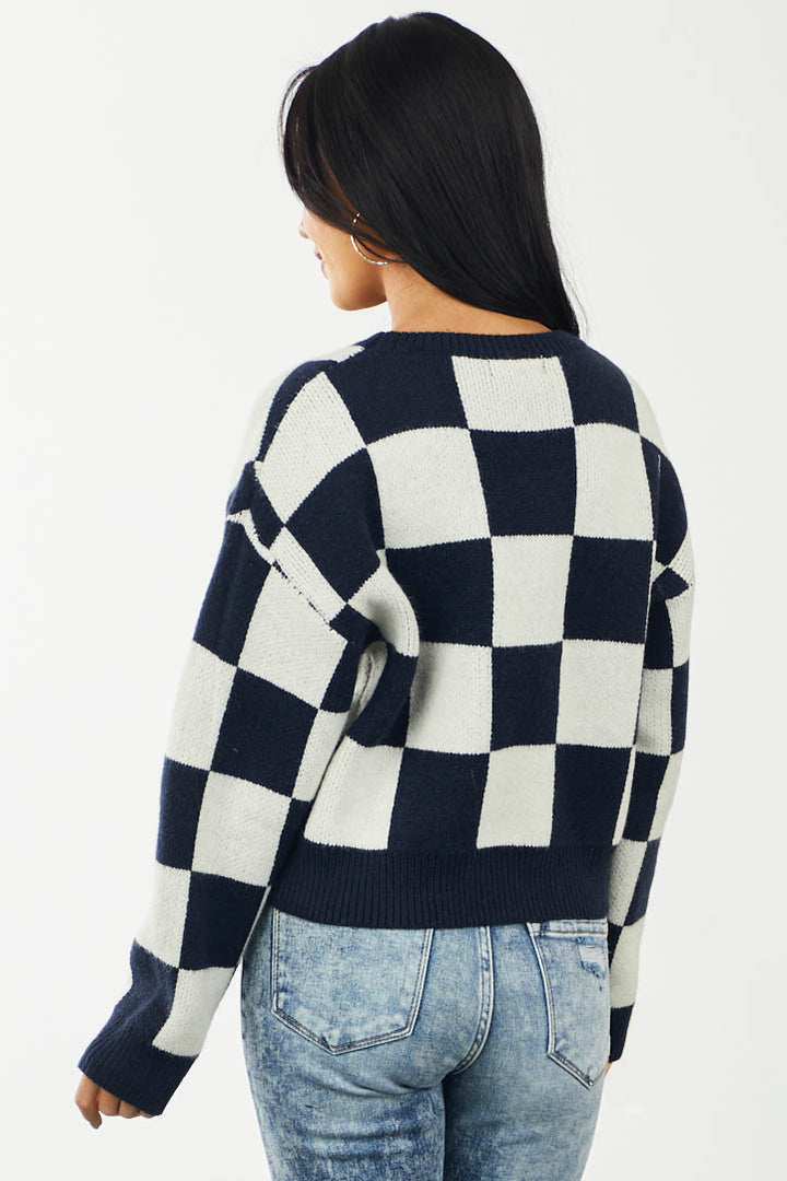 Navy Checkered Long Sleeve Cropped Sweater