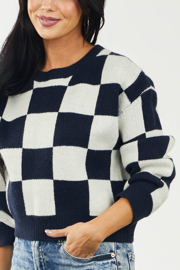 Navy Checkered Long Sleeve Cropped Sweater