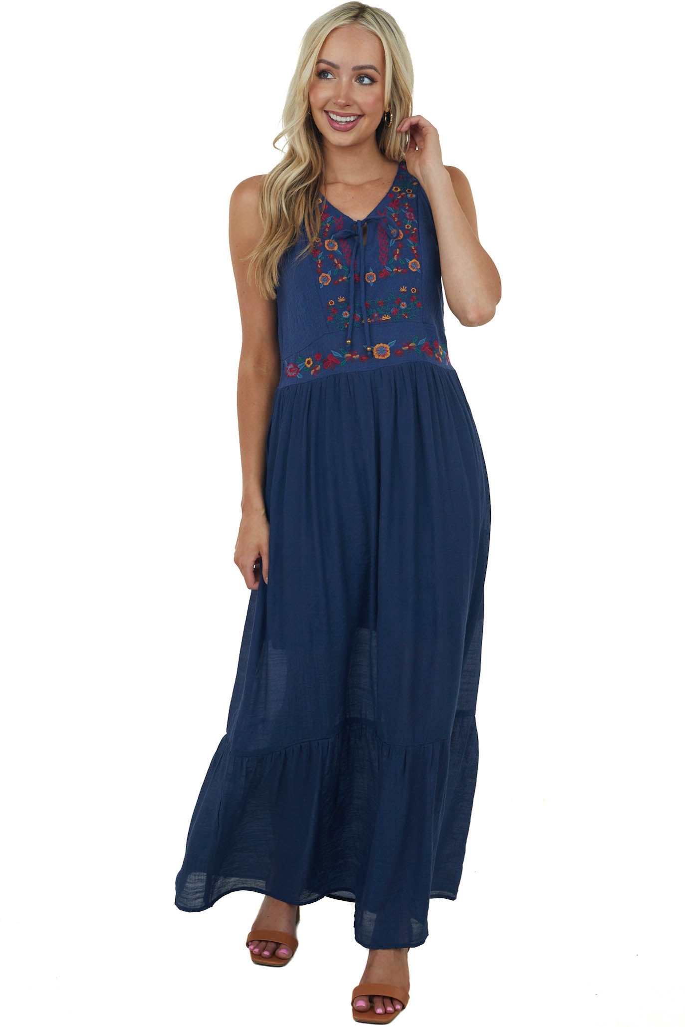 Navy Floral Embroidered Sleeveless Maxi Dress