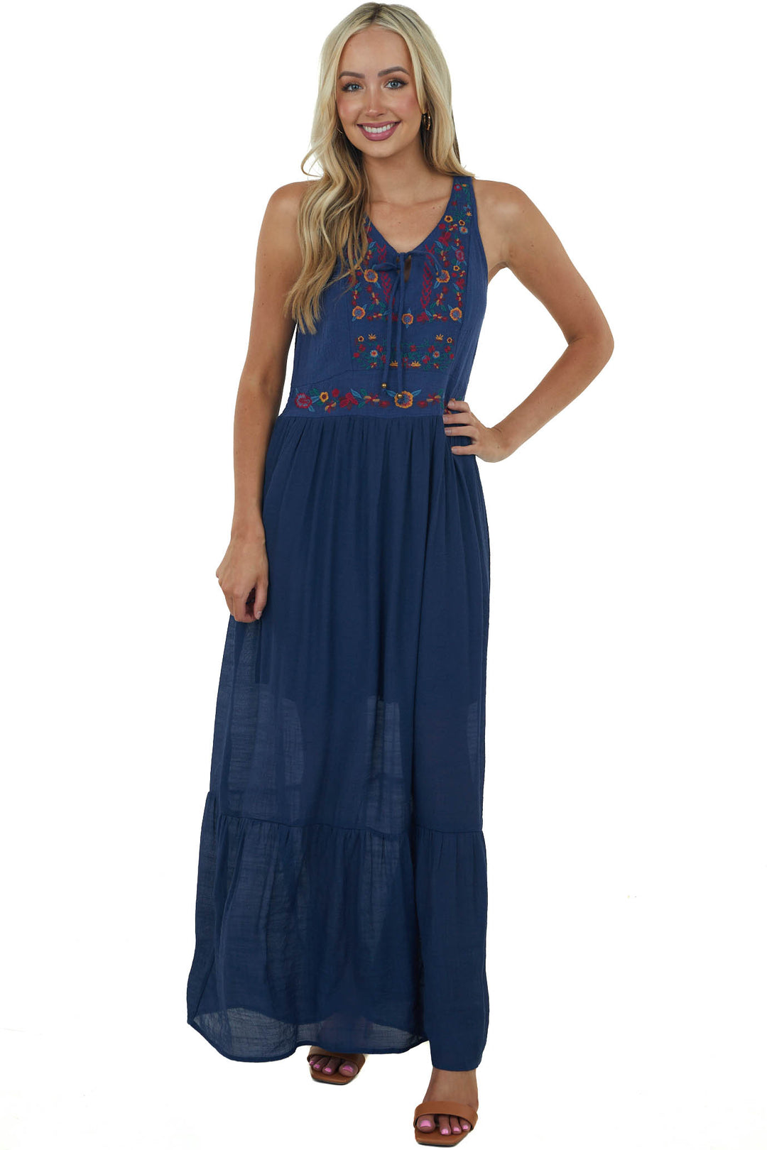 Navy Floral Embroidered Sleeveless Maxi Dress & Lime Lush